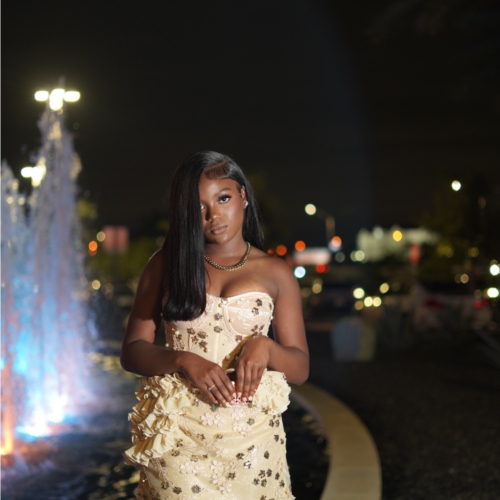 Elegant Strapless Gold Dress with Floral Accents